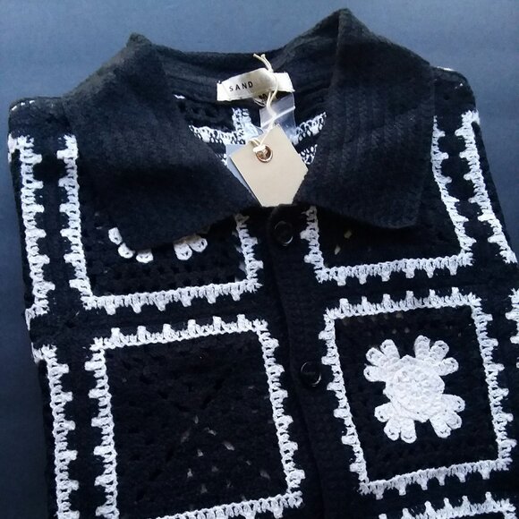 Crochet Floral Square Patchwork Black Ivory Polo Knit Button Shirt by Sandstone - Picture 3 of 8